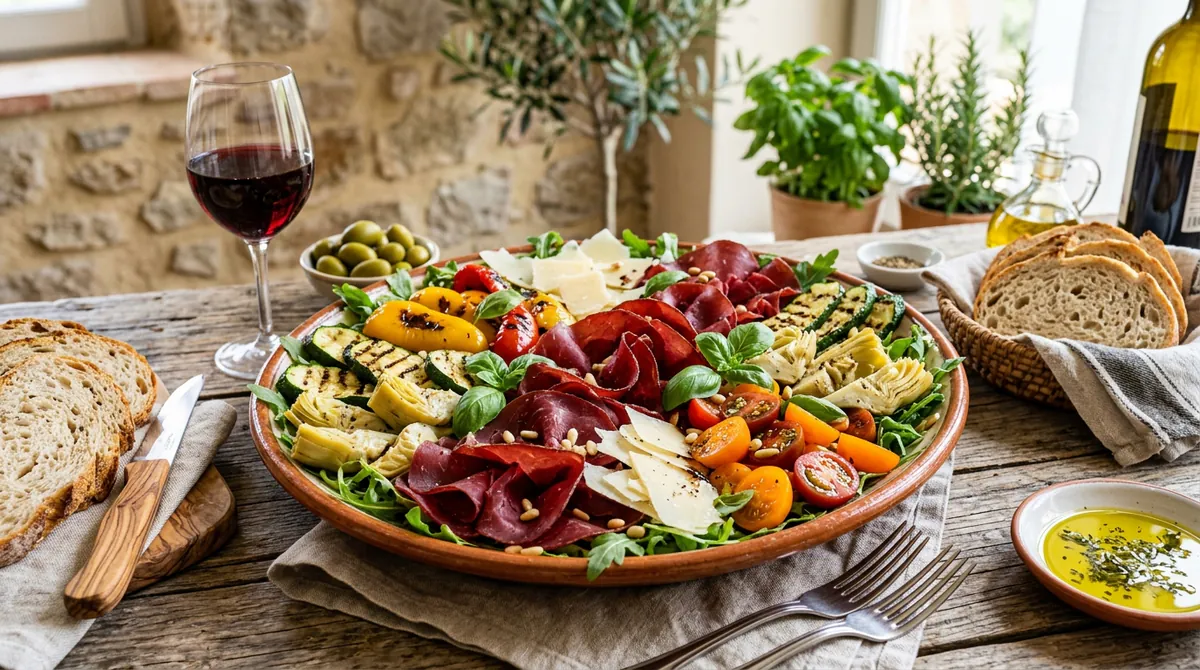 Leichte Antipasti-Platte mit gegrilltem Gemüse, Bresaola Rindfleisch und Rucola