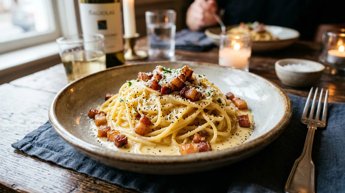 Echte italienische Spaghetti Carbonara mit Guanciale Pancetta und frischem Pecorino Romano