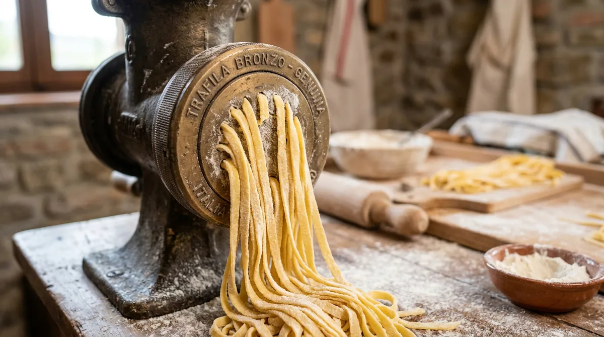 Handwerkliche Nudelherstellung mit 100 Prozent Hartweizengrieß und traditioneller Extrusion