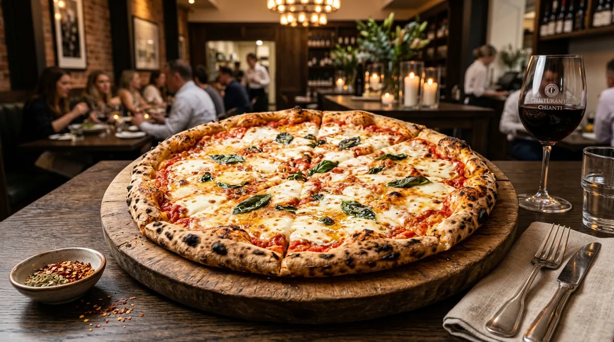 Knusprige 45 cm Steinofen-Riesenpizza von L'Osteria auf rustikalem Holzbrett serviert