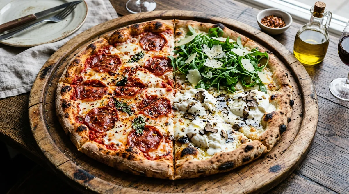 Gemütlicher Restauranttisch mit Pizza, Pasta und Wein für gesellige Abende