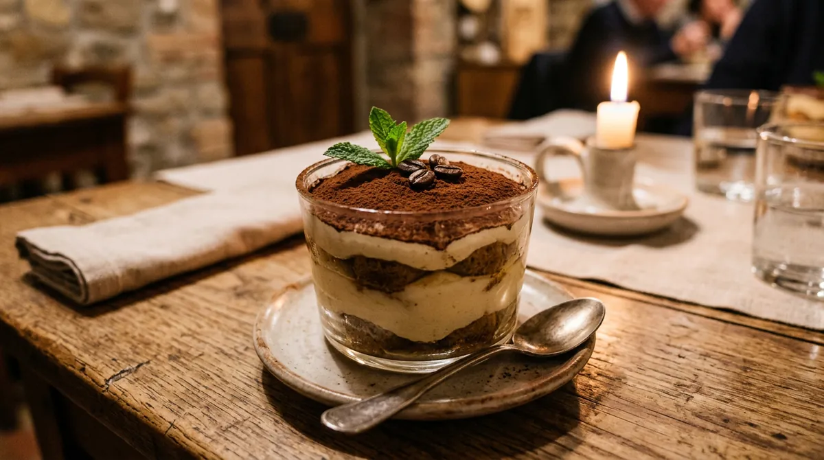 Klassisches italienisches Tiramisù della Casa mit feinstem Kakaopulver und Kaffeebohnen serviert