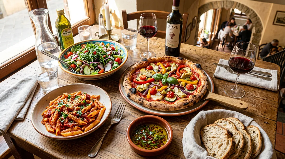 Vielfältige bunte Auswahl an veganen und vegetarischen italienischen Spezialitäten