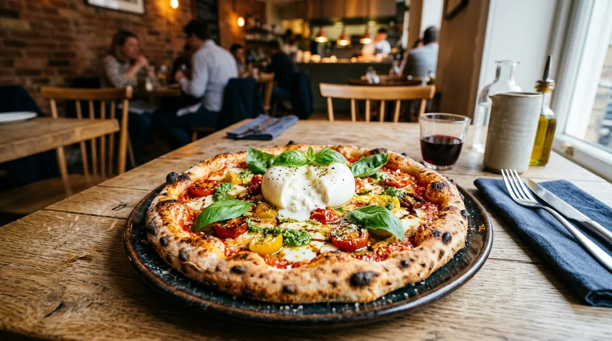 Vegetarische Pizza mit cremiger Burrata, Datteltomaten und frischem grünem Basilikum