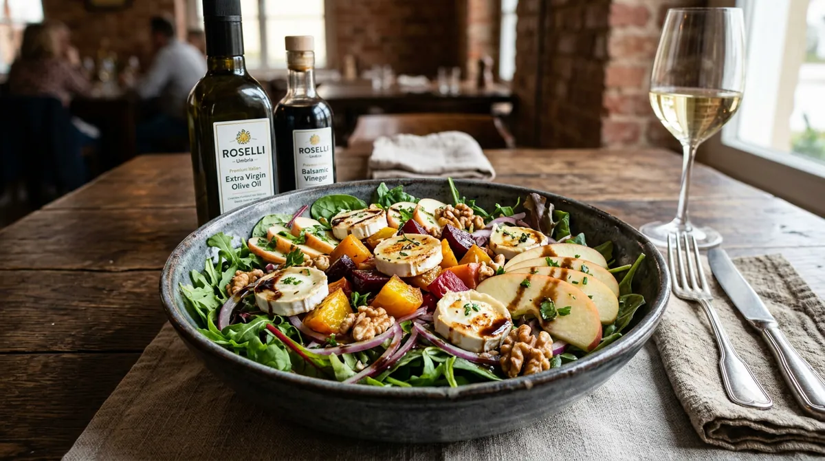 Großer italienischer Insalata Campagnola Salat mit Rucola, Nüssen und frischem Balsamico-Dressing